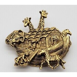 Avon Noah's Ark Brooch Pin Shiny Gold Tone Metal Animals Giraffe Zebra Vintage